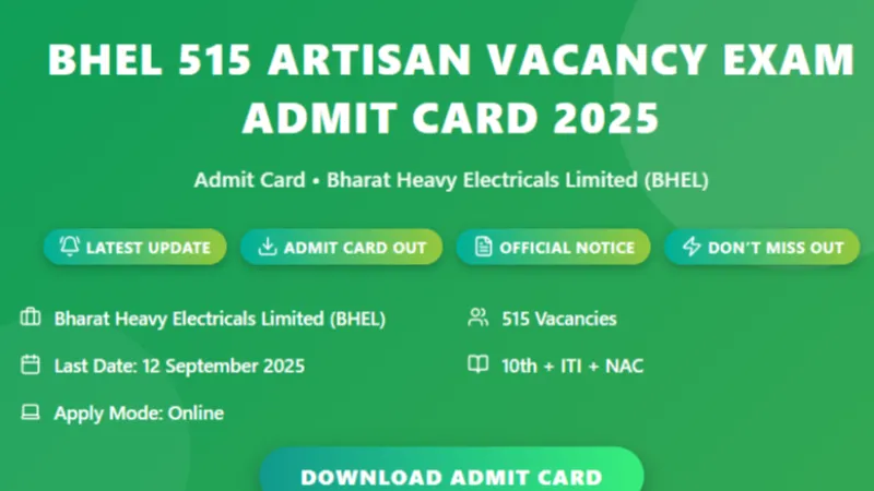 BHEL Artisan Exam Admit Card 2025 – Download Now for 515 Posts, Check Exam Date & City Details