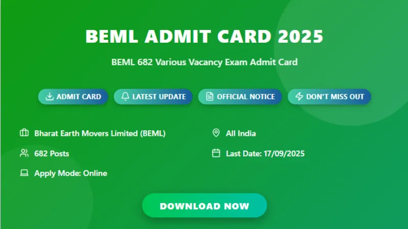 BEML 682 Various Vacancy Exam Admit Card 2025